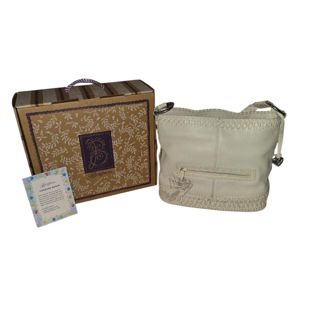 Brighton Pebbled Leather Shoulder Hobo Bag Woven Trim Tassel Dust Bag & Box